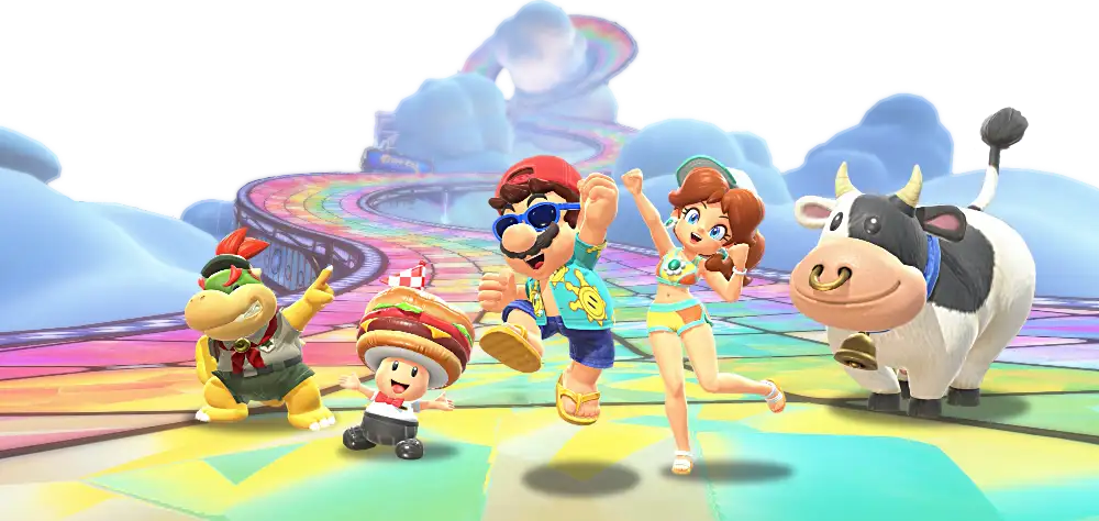 Mario and friends on the Rainbow Road in Mario Kart World