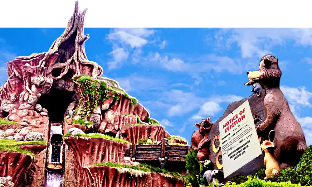 An evection notice is nailed to the Critter Country sign in front of Disneyland's Splash Mountain attraction