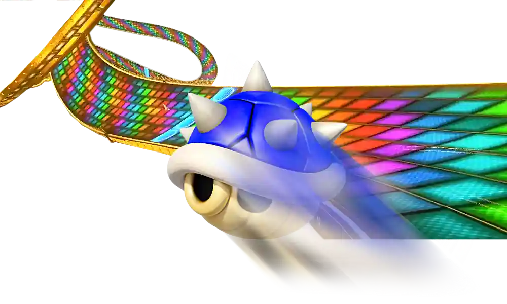 A Blue Shell flying towards the finish line of the Rainbow Road in Mario Kart 8
