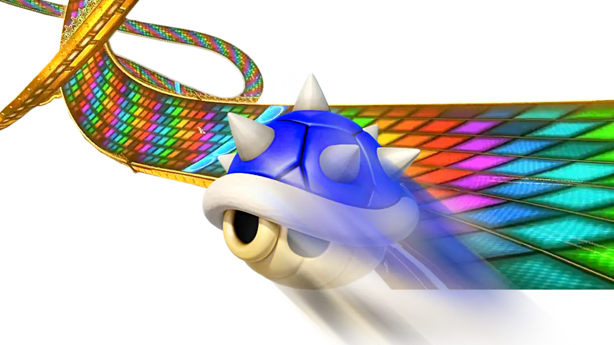 A Blue Shell flying towards the finish line of the Rainbow Road in Mario Kart 8