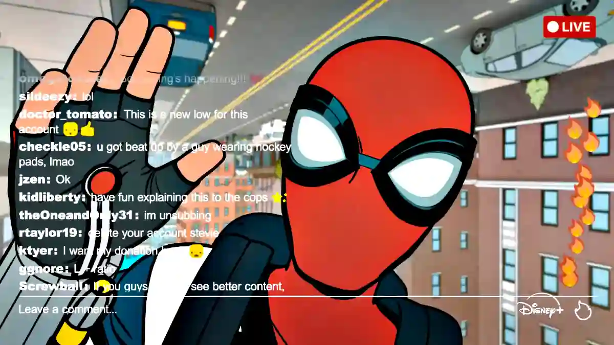 Spider-Man live streams from a phone in the animated Your Friendly Neighborhood Spider-Man series on Disney+