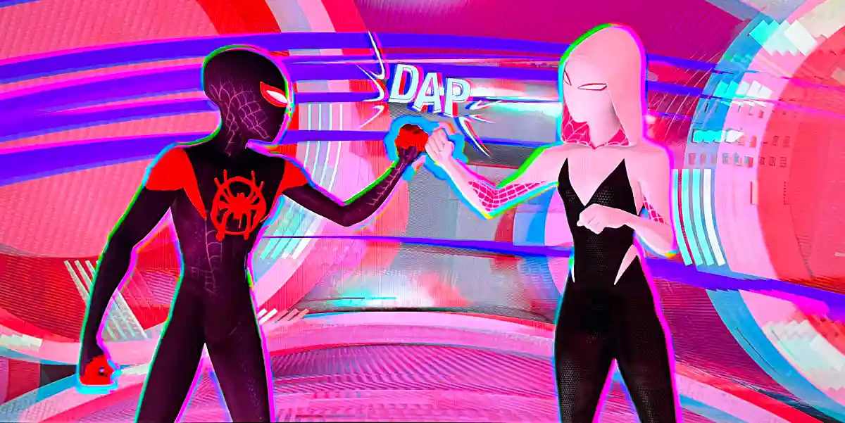 Spider-Man and Spider-Gwen fist bump in Spider-Man: Into the Spider-Verse